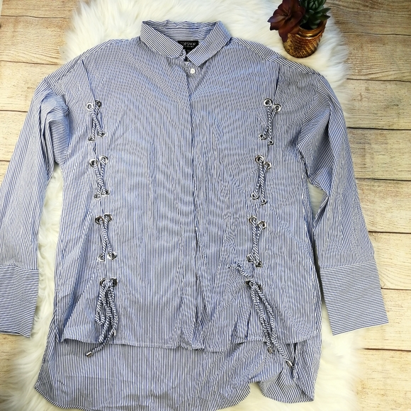TOPSHOP Striped Button Down Blouse Lace up Sides - Picture 2 of 6